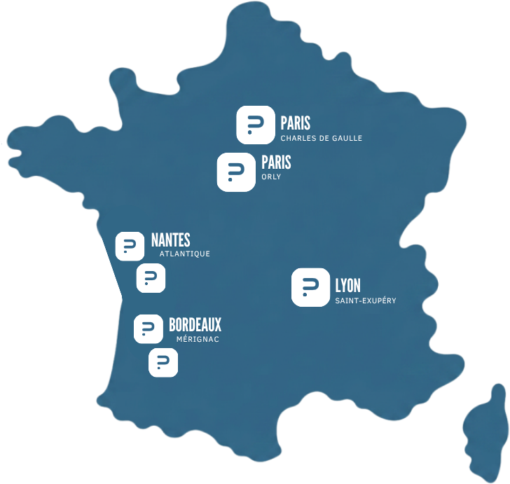 Carte de France des 7 parkings participants au programme Credipark : Paris Charles de Gaulle, Paris Orly, Nantes Atlantique, Lyon Saint-Exupéry et Bordeaux-Mérignac