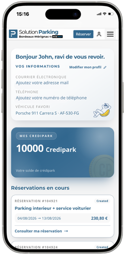 Espace fidélité Credipark sur mobile : solde de Credipark et réservations en cours